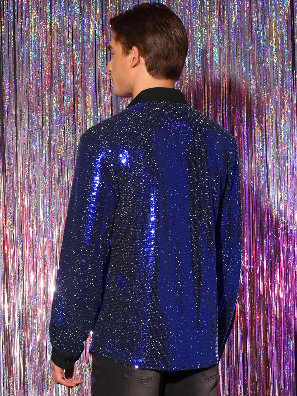 Lars Amadeus Sequin Shirts for Men's Long Sleeves Button Down Disco Party Metallic Shiny Shirts