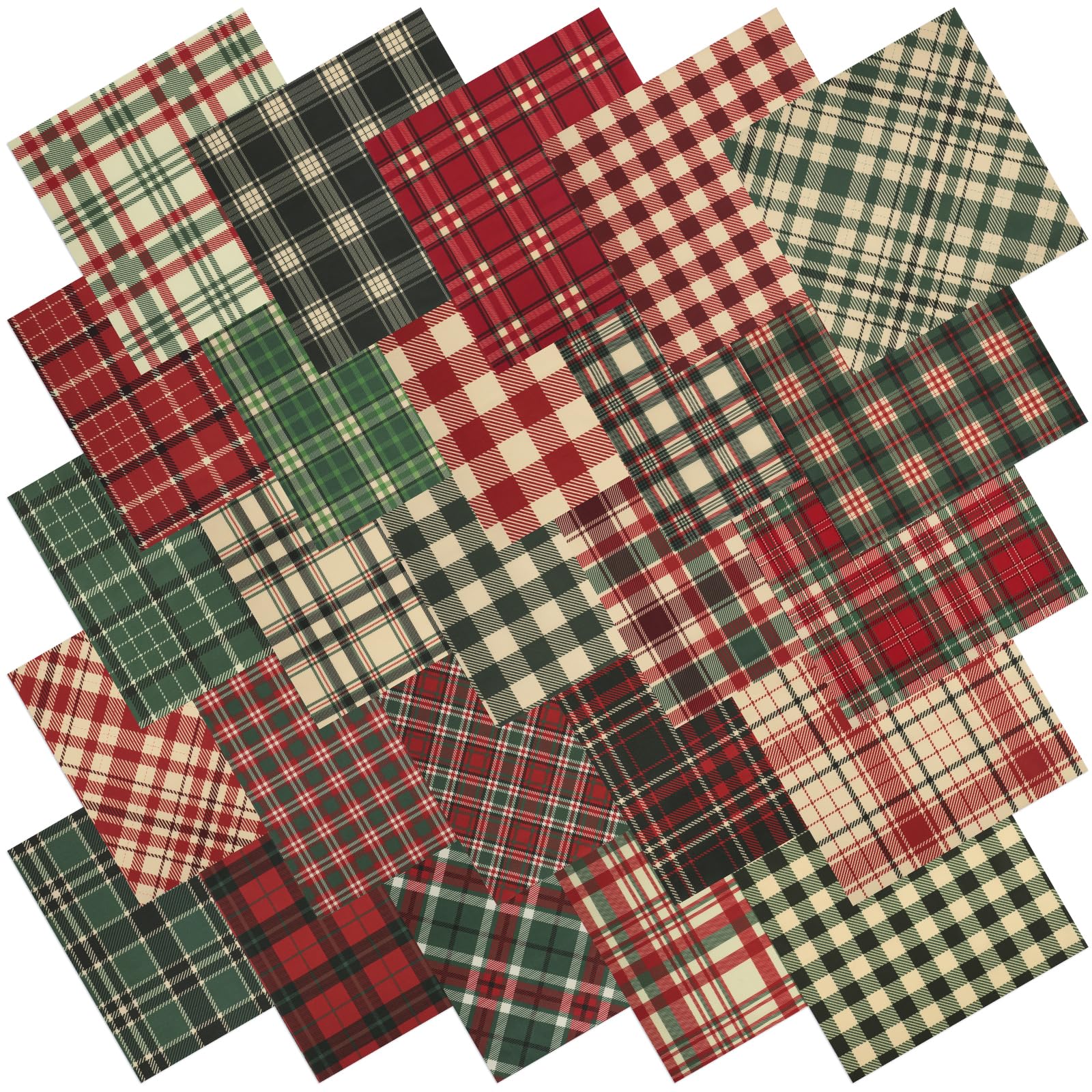 25 Pcs Christmas Plaid Quilting Fabric Square, 10 x 10 Inch Cotton Precut