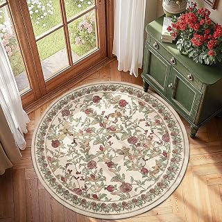 jinchan 4ft Round Rug Floral Vintage Washable Area Rug, Red/Green