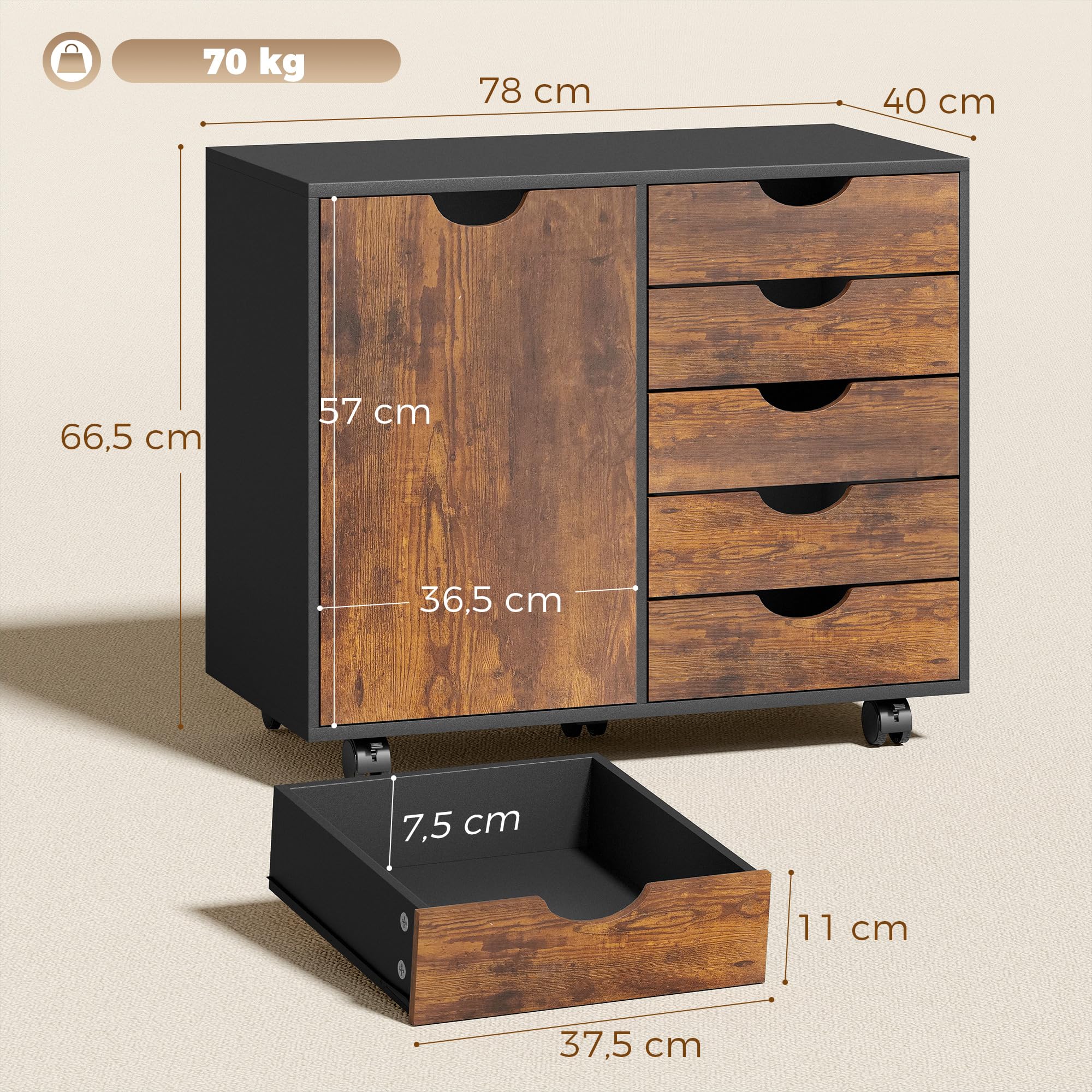 HOMCOM Cassettiera da Scrivania Mobile con 5 Cassetti e 1 Anta, Ripiano Regolabile, Armadio per Documenti e Cancelleria, 78 x 40 x 66,5 cm, Marrone Rustico
