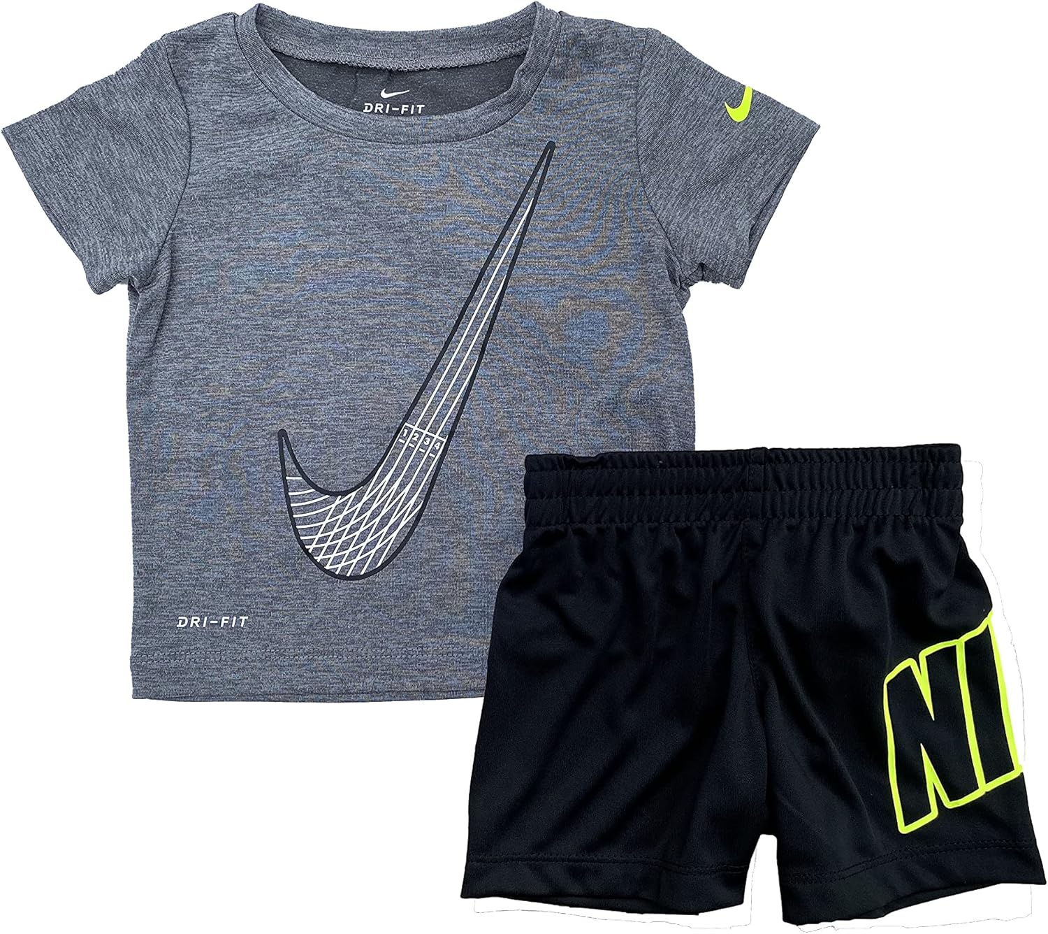 Nike Boy`s Dri-FIT Short Sleeve Dropsets T-Shirt and Shorts 2 Piece Set (Black(66H365-K6N)/Carbon Heather, 4)
