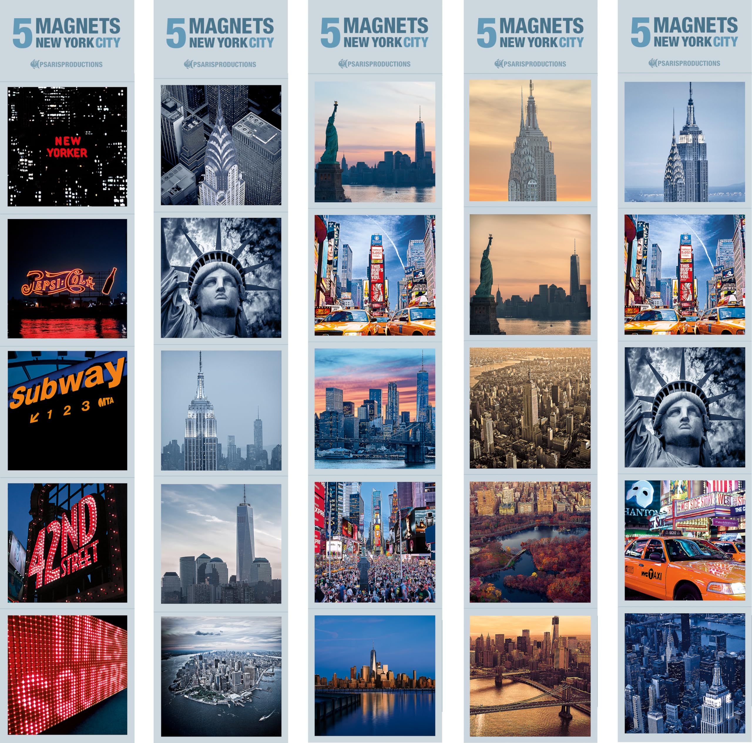 Set of 25 New York Refrigerator Magnets in Elegant Packaging Inside 5 Crystal Clear Bags of 5 Magnets Each. Our Fridge Magnets are Made in USA