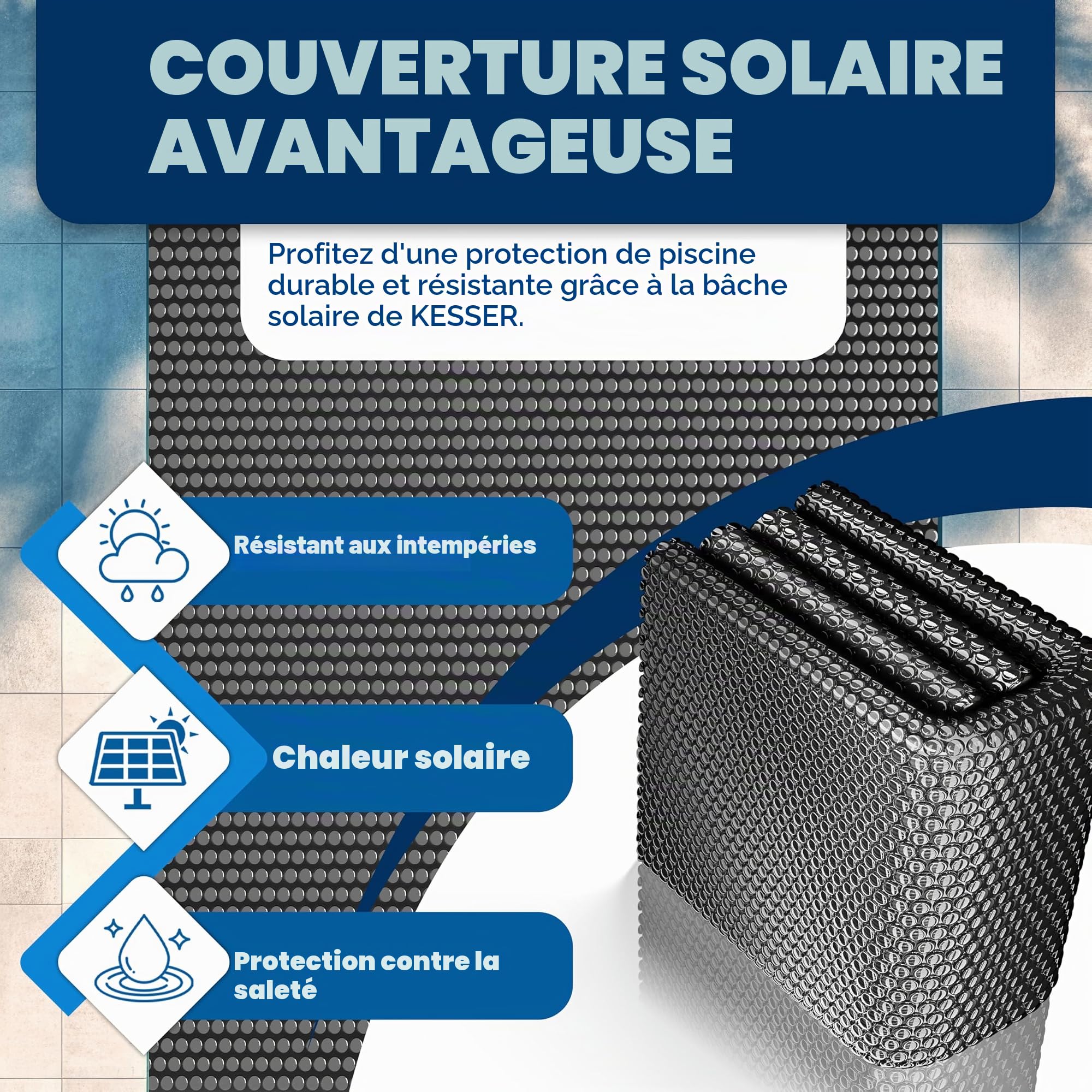 KESSER® Film solaire de piscine 400 µm, Bâche solaire rectangulaire 549 x 274 cm, Bâche de protection solaire flexible à découper, Bâche de piscine pour chauffage de l'eau, Couverture solaire avec