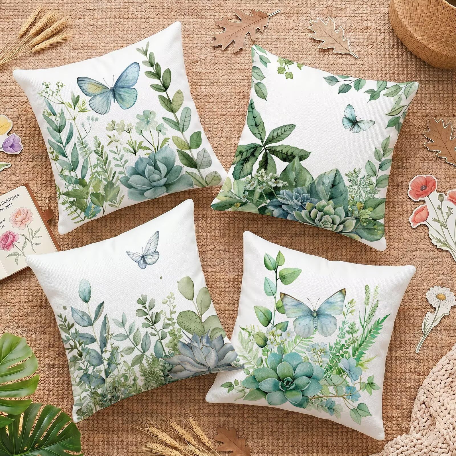 Housses de coussin 50x50 cm en velours imperméable lot de 4 papillon