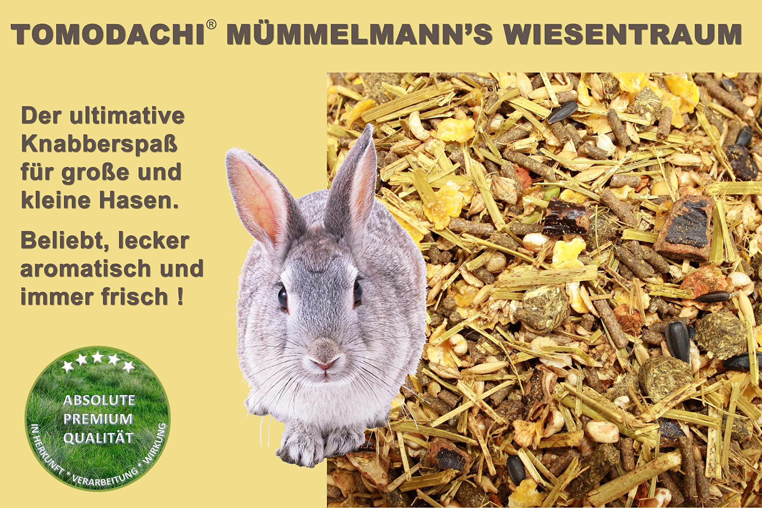 Tomodachi Kaninchenfutter Hasenfutter Raufutter Kaninchen Strukturfutter Gemüse Erbsenflocken Möhrenflocken Luzerneheu Kräuter Löwenzahn 15kg Sack