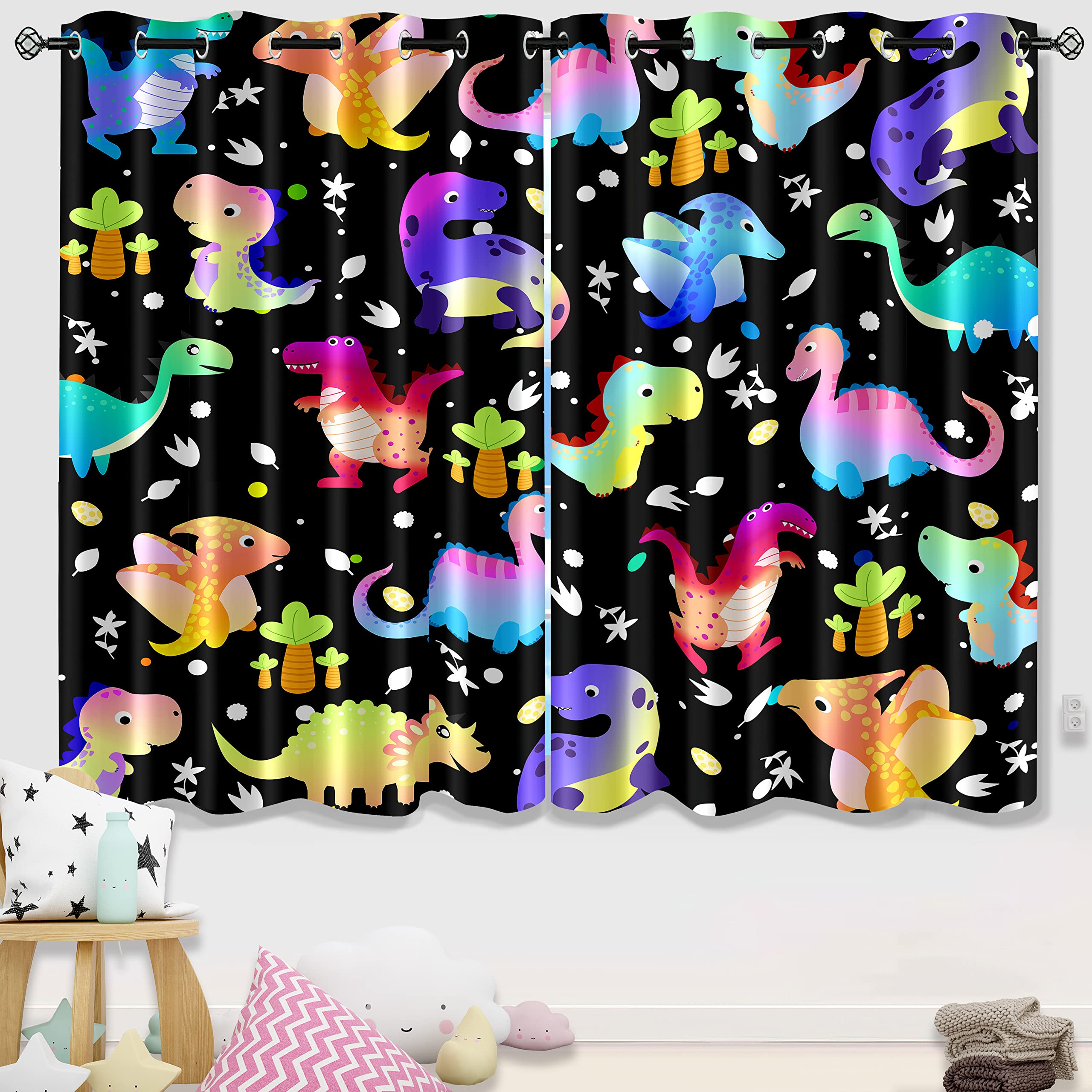 Dinosaur Curtains for Boys Bedroom, Cartoon Dinosaurs Blackout Curtains, Cute Dino Print Window Curtains Dinosaur Room Decor for Boys Kids Curtain Panels Set, 2 Panels, 82" x 63"