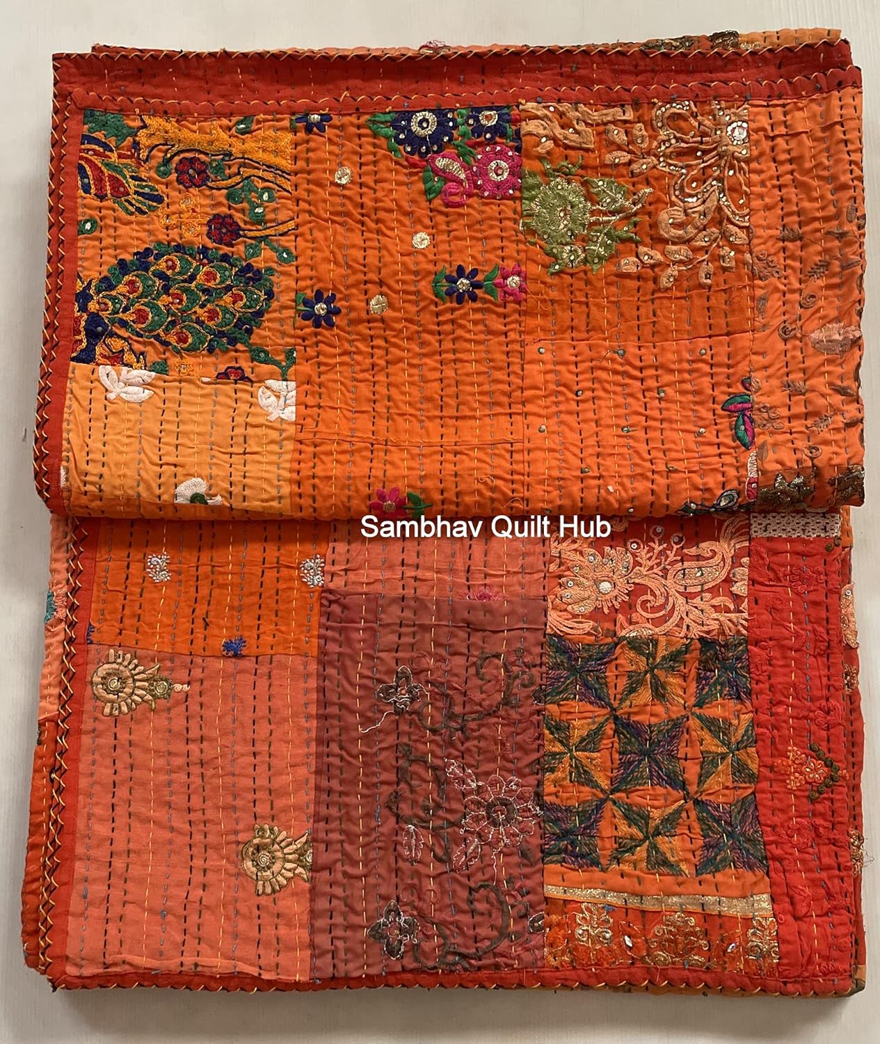 Orange Beautiful Handmade Vintage Silk Sari Jari Patchwork Khambhadiya Kantha Quilting Embroidery Kantha Quilt Reversible Bed Cover Assoted Kantha Quilt Throw Blanket Twin/Queen/King (60X90 inch)
