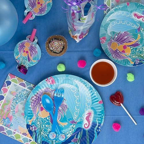 Miniatura 6 de Paquete de fiesta temática de sirena, platos de papel desechables, vasos, servilletas, tenedores, cucharas, bolsas de regalo y sopladores de fiesta,