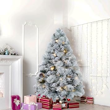 Naomi Home 4.5 ft Rotating Christmas Tree Snow Flocked Pre - lit Christmas Tree with Star Projector 308 Branch Tips 130 Warm Lights Rotating Base 33 Wide Snowy with Lights Flocking Xmas