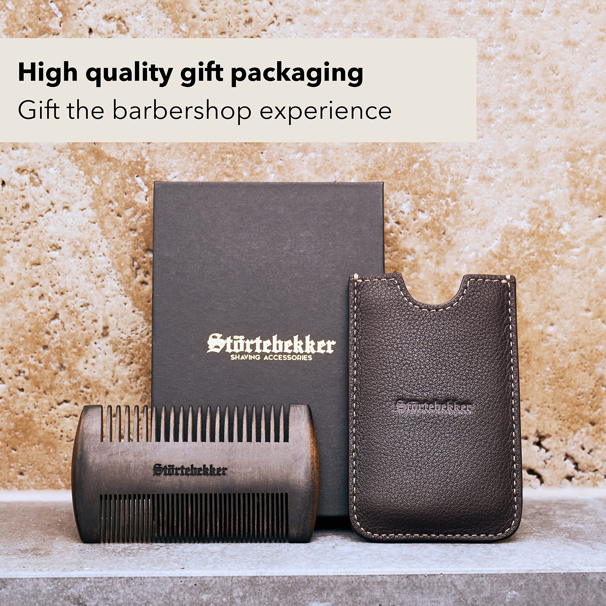 Störtebekker® Premium Bartkamm aus Holz mit handgefertigtem Lederetui - Perfekte Geschenkidee - Bringt jeden Bart in Form dank beidseitiger Verzahnung - inkl. Rasur- und Bartguide