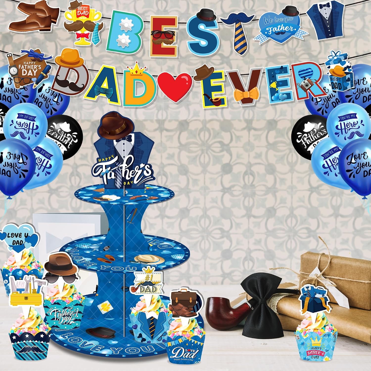 3 Tier Father's Day Cupcake Stand Happy Father's Day Decorations I Love You, Daddy Paper Cupcake Stand Holder for Birthday Party Decoration Supplies image 5