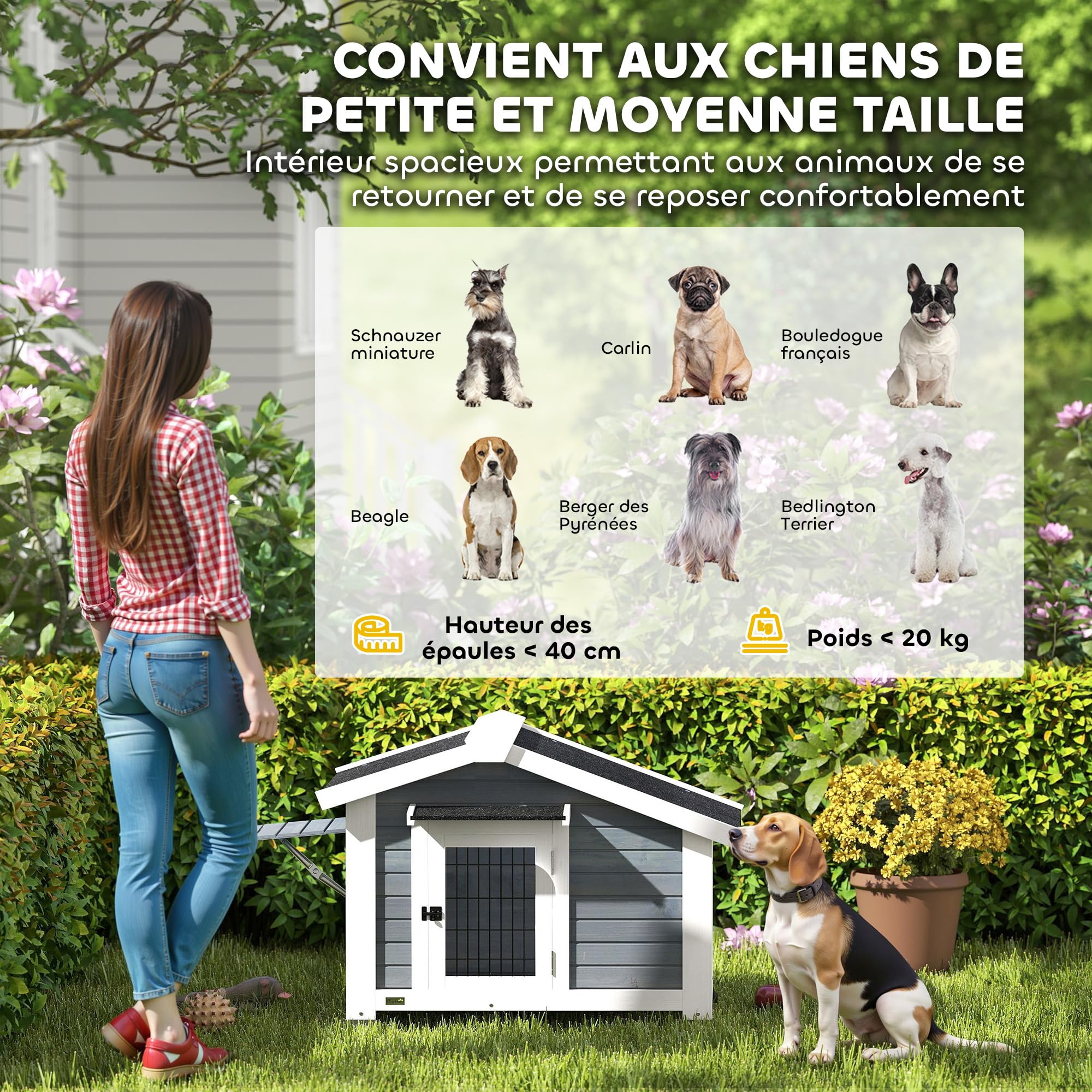 PawHut Niche pour Chien Extérieur en Bois avec Plancher Amovible - Abri Jardin Surélevé avec Auvent de Porte, Toit Imperméable, Fenêtre Ouvrable - Maisonnette pour Chien Chat Moyen et Petit, Gris