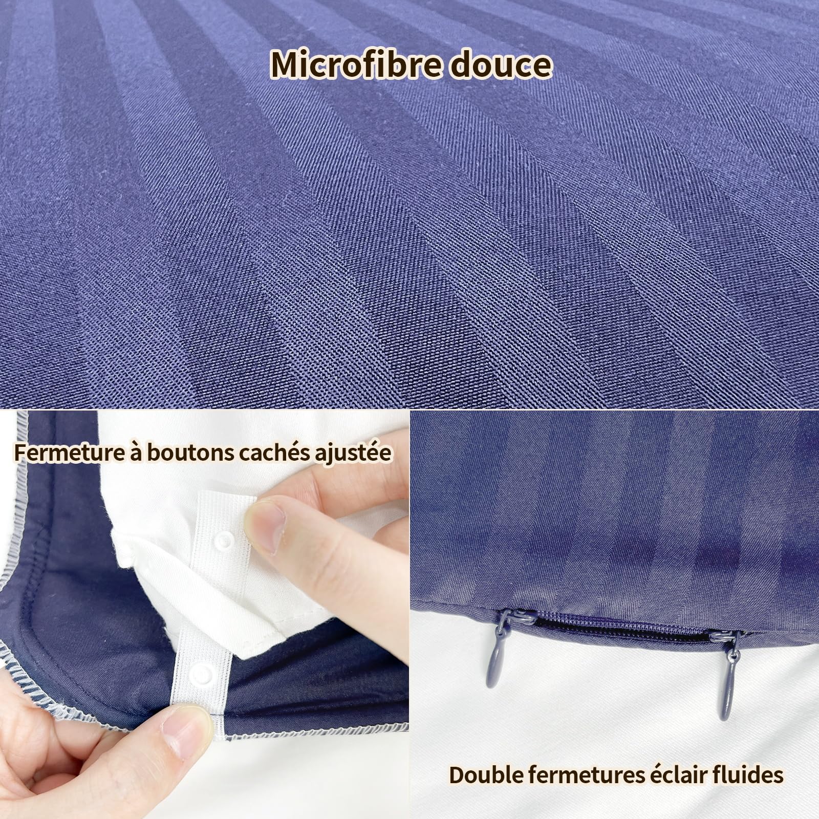 Ouverture 3 Côtés Changement Rapide (1 Personne, 2 Min) Housse de Couette 220x240cm Bleu Marine | Microfibre Ultra-Fin + 2 Taies d’Oreiller 80x80cm