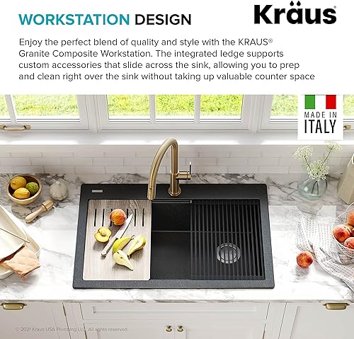 Miniatura 3 de KRAUS Bellucci KGTW2-33MB-100-75MB - Fregadero de cocina con estación de trabajo de 33 pulgadas de granito compuesto de granito en negro metálico