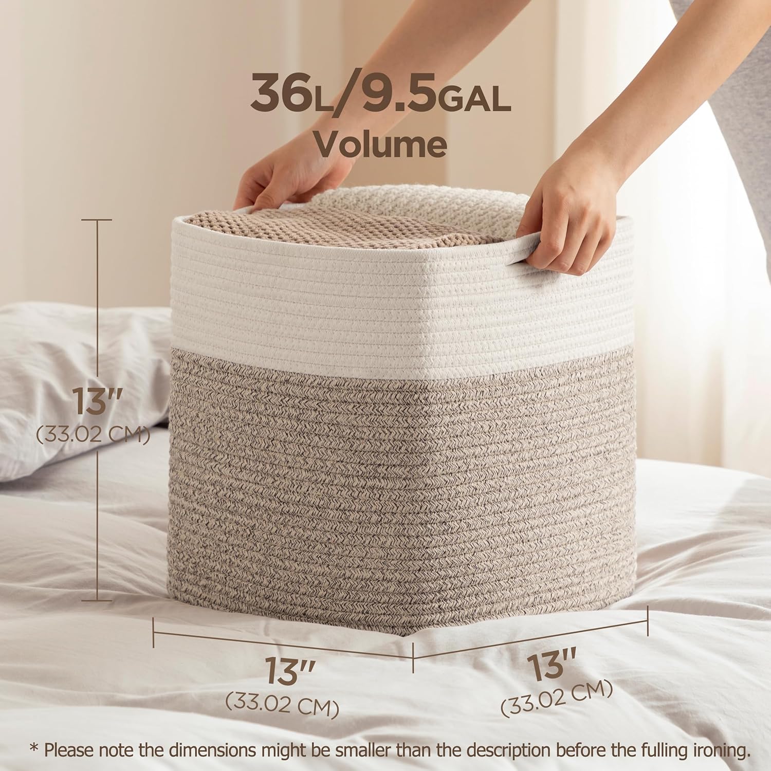 joybest Cube Storage Bins Set of 4, 11inch Cube Baskets Organizer for Nursery, Square Cotton Rope Baskets for Shelves Organizing, Kids Toy, Closet Storage, Brown and Cream White