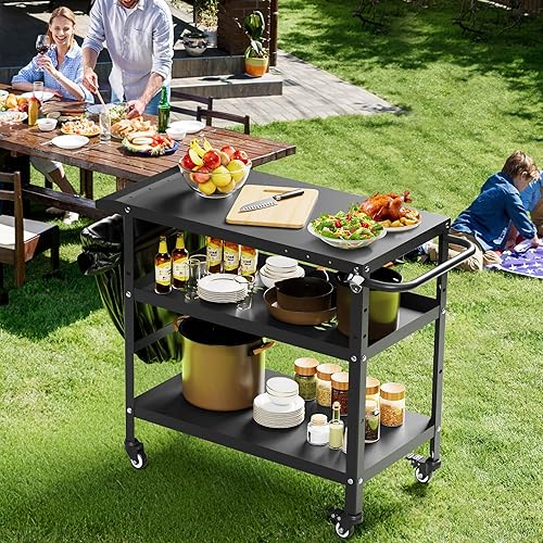 Xilingol Carrito de parrilla al aire libre, mesa de soporte para horno de pizza con ruedas para patio exterior, mesa de preparación de cocina al