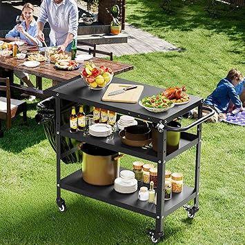 Xilingol Outdoor Grill Cart, Pizza Oven Stand Table with Wheels for Outside Patio, Heavy Duty Movable Outdoor Cooking Prep Table BBQ Cart for Backyard, Camping and Parties