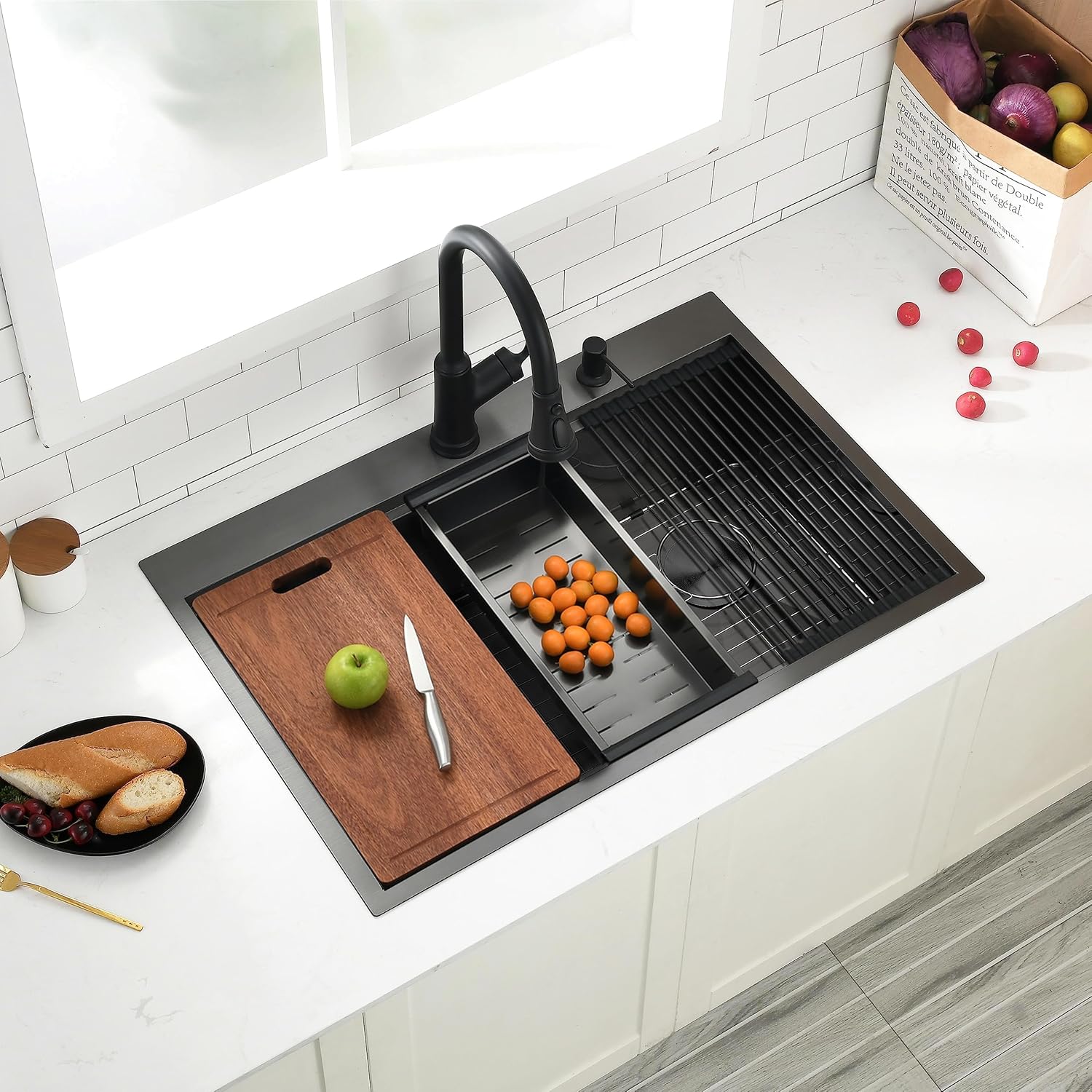 33x22 Inch Black Drop In Kitchen Sink Double Bowl, 33 Inch Black Stainless Steel Drop In Workstation Double Kitchen Sink, 16 Gauge Black Top Mount 60/40 Dual Bowl Kitchen Sinks