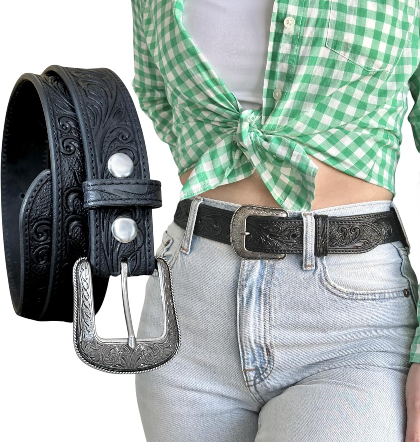 DANIEL'S ARTPLANET Women’s Western Leather Belt Cowgirl Belt For Jeans Pants Dresses Engraved Tooled Ladies Western Belt