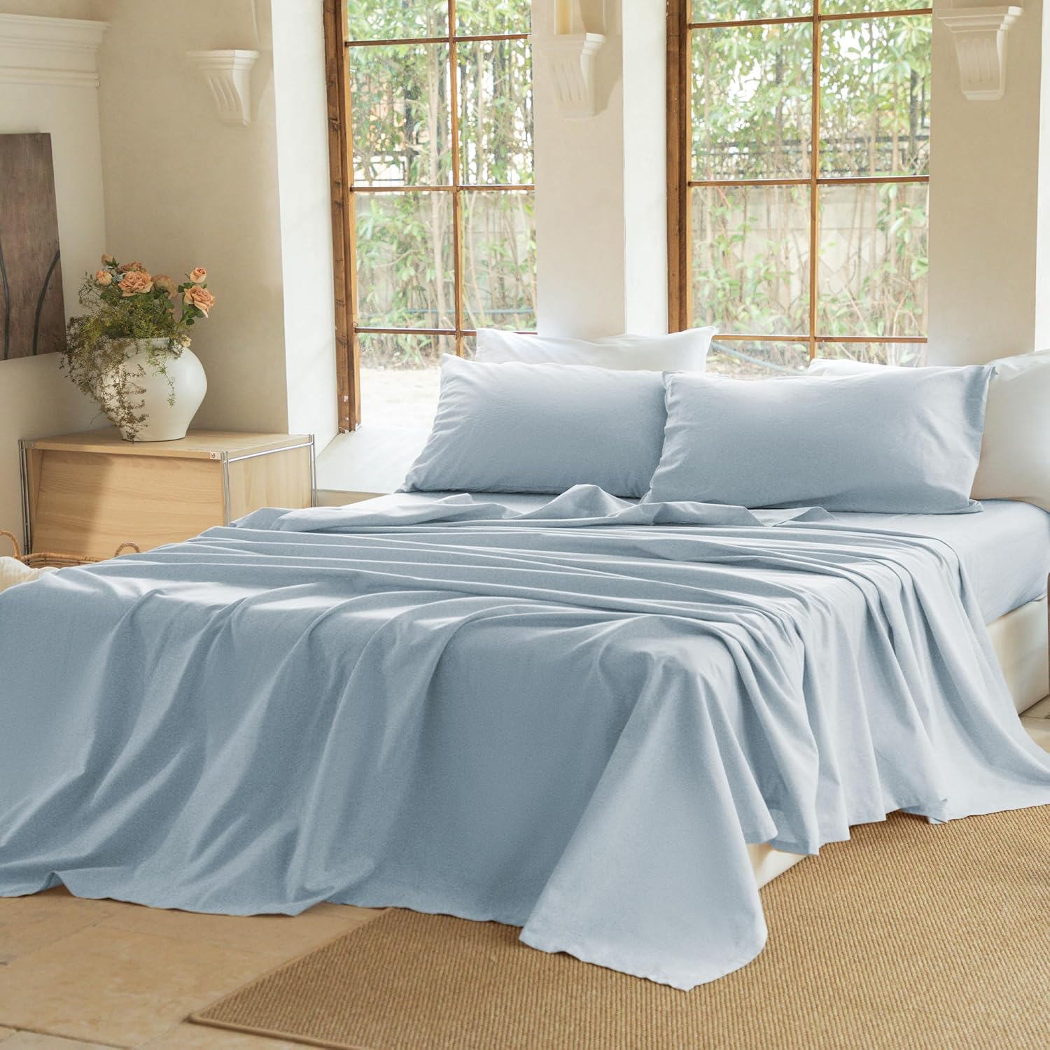 Linen Sheets Queen Size, Linen Cotton Blend Bed Sheets Set 4 Pieces, 1 Flat Sheet, 1 Fitted Sheet and 2 Pillowcases, Cooling Breathable Farmhouse Bedding for All Season, Dusty Blue - Image 3
