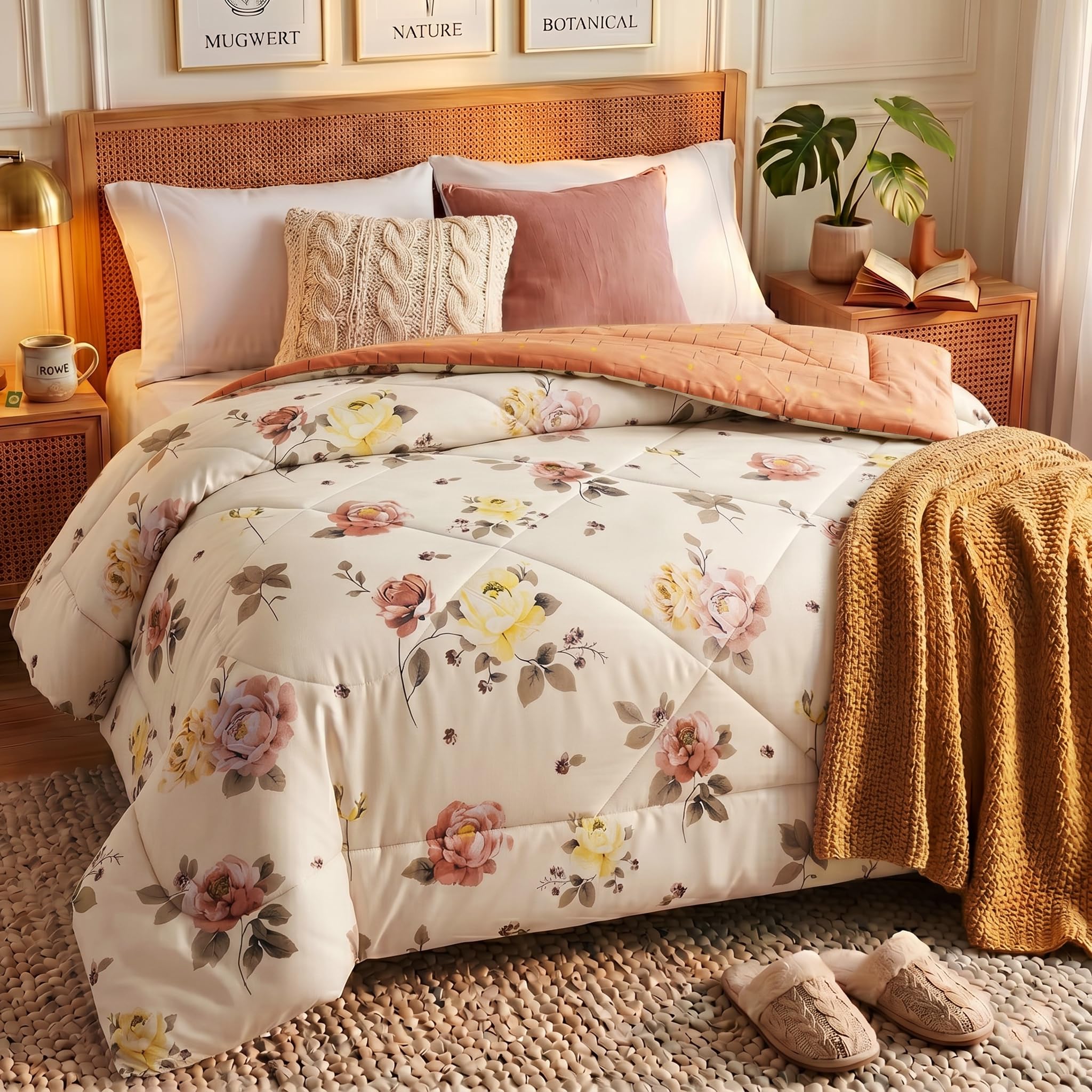 BSB HOME Double Bed Comforter 280 GSM, Ultra Soft Microfiber Quilted Comforter, Lightweight Warm Reversible AC Blanket for All Seasons, Floral Bedding, 90 x 100 Inches (228 x 254 cm) - Botanical Cream