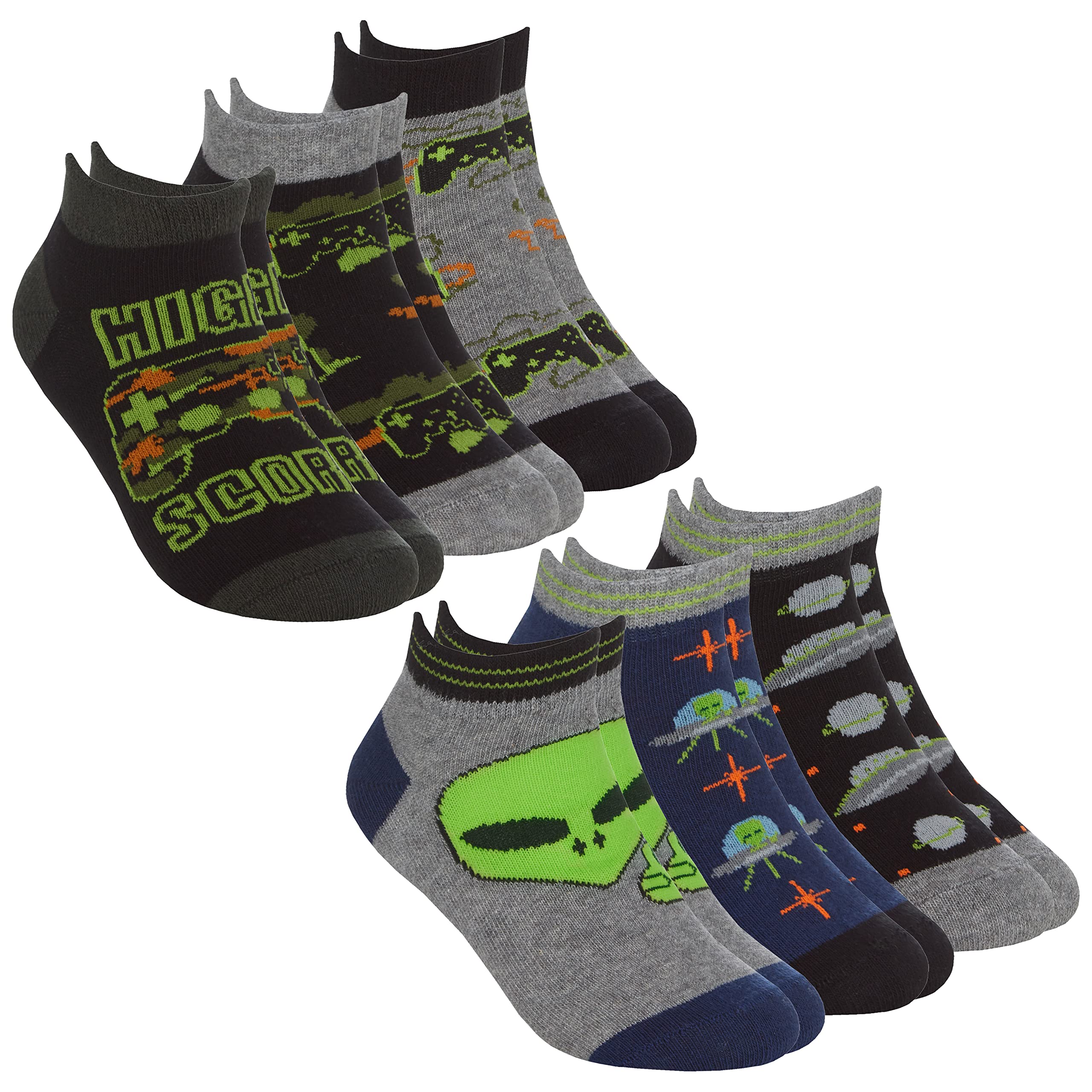 Metzuyan Kids Boys Cotton Rich Socks Novelty Trainer Liner Low Cut Socks Alien Gaming Themed 6-8.5
