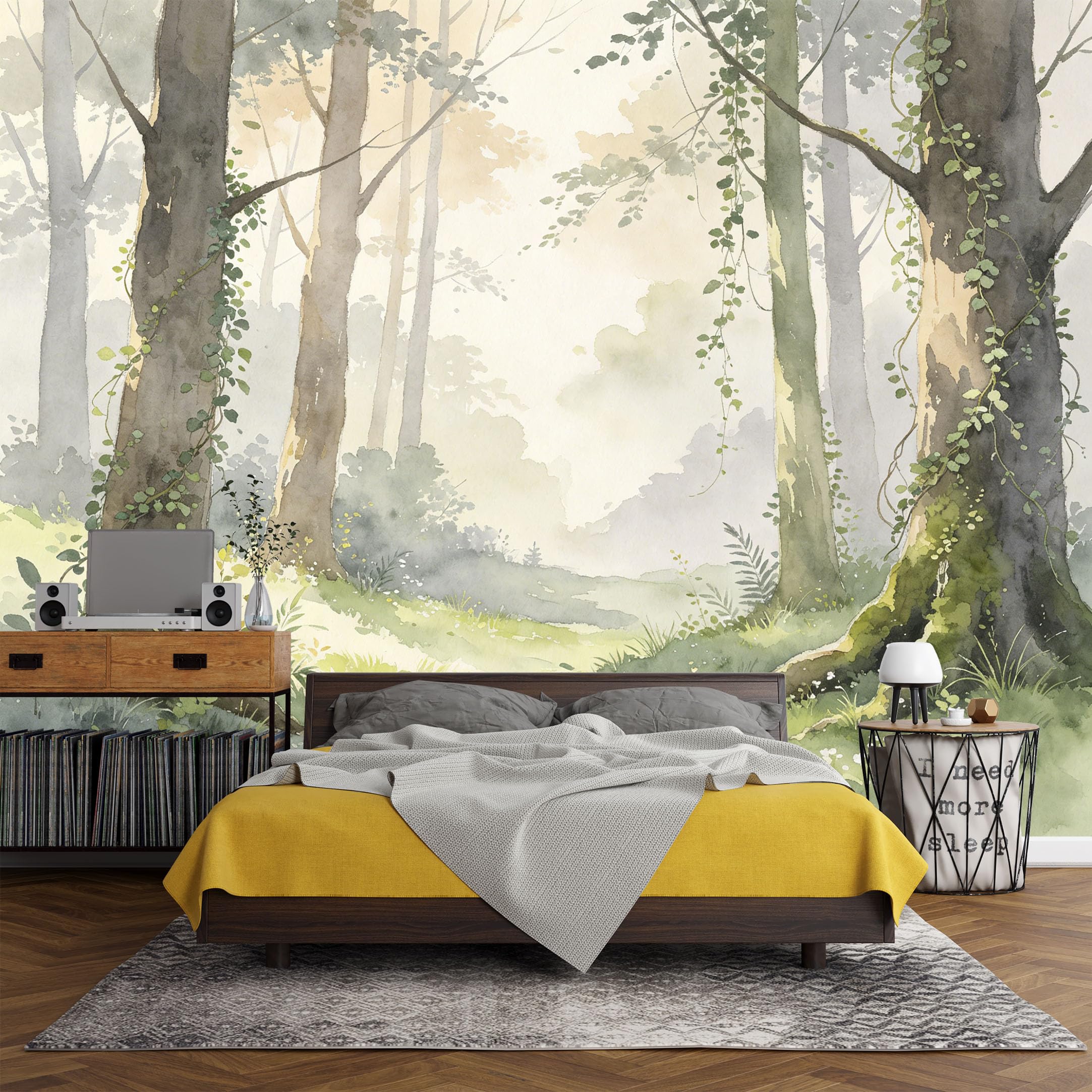 Custom Size Wall Mural， Forest Watercolor Misty Woodland Trees Landscape，SelfAdhesive Art Prints wall Fabric(No PVC) Removable Wallpaper Living Room Decor