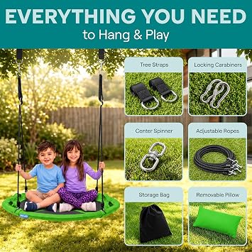 SereneLife Saucer Swing, Tree Swing, 40 Inch, 900lb Heavy Duty Capacity for Kids, 900D Oxford Waterproof Seat, Adjustable Height Ropes, 2 Strap Tree Hang Kit, Center Swivel Spinner, Green