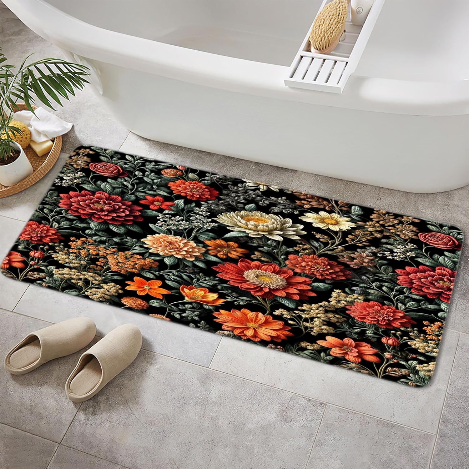 Floral Botanical Shower Curtain Set with Rugs, Abstract Mid Century Morden Boho Flowers Tropical Leaves Bathroom Accessories Sets Non-Slip Mats, Bath Curtains Bath Mats Toilet Lid Seat Cover