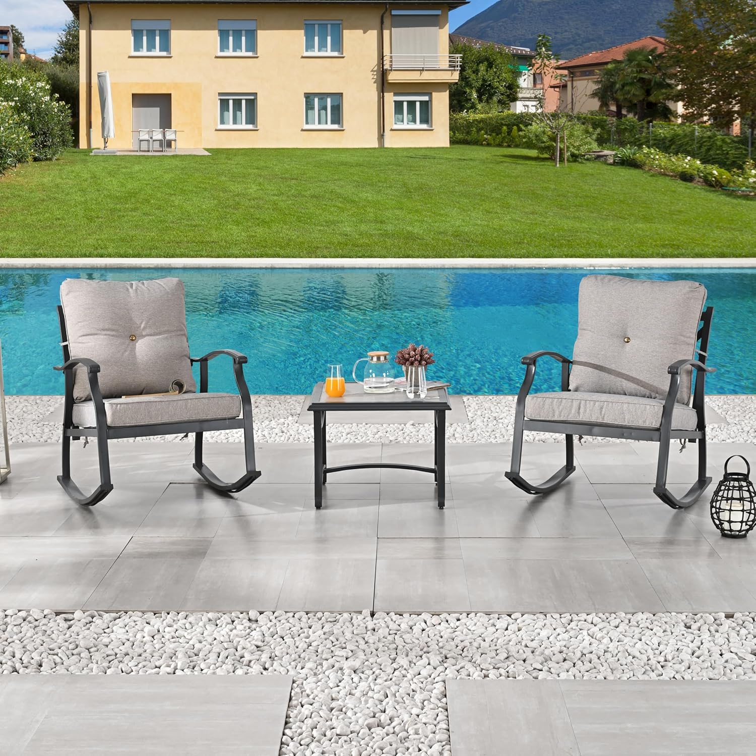 LOKATSE Home 3 PCS Patio Rocking Bistro Set Outdoor Conversation Furniture Sets with Cushion Metal Chairs and Coffee Table for Backyard Deck Lawn Garden