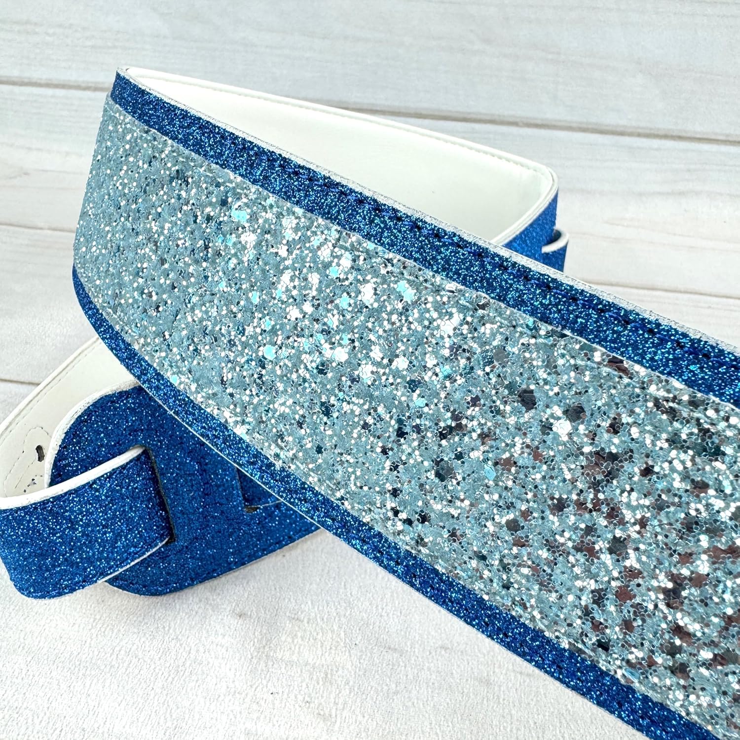 Walker & Williams WW-GL-104 Blue Ocean & Ice Glitter Bomb Padded Guitar Strap With Glove Leather Back For Acoustic, Electric, And Bass Guitars