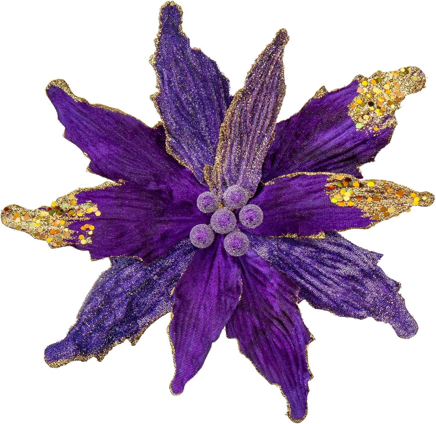 Briful 12'' Large Heads Christmas Glitter Poinsettia Flowers Christmas Tree Ornaments Set of 4 Artificial Flowers with Picks Stems for Xmas Tree Party DIY Holiday Decorations, Purple and Glod