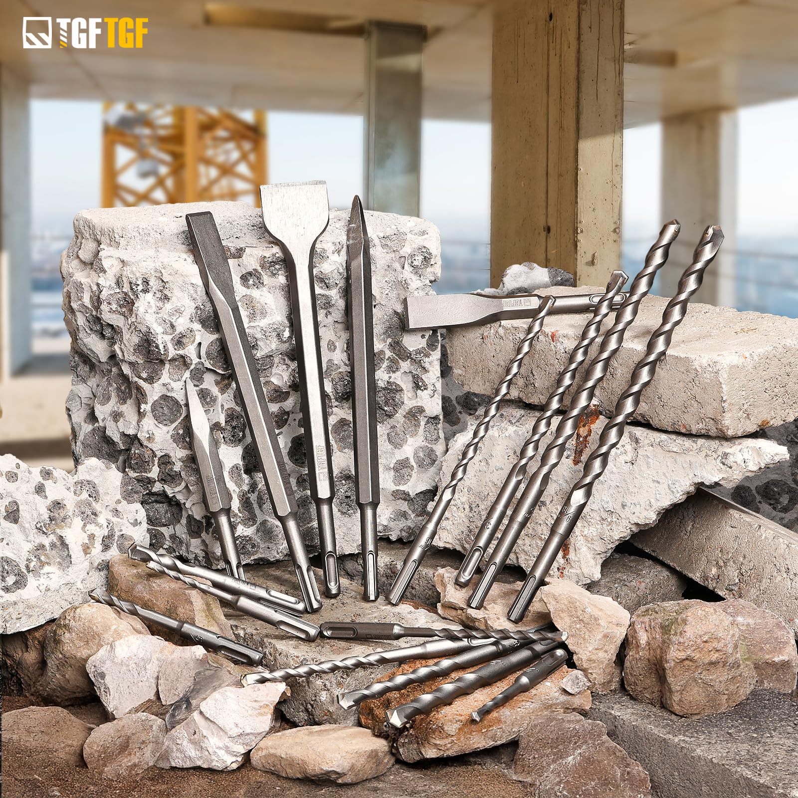 TGFTGF Juego de 17 brocas y cinceles de martillo giratorio SDS Plus, puntas de carburo YG8C, brocas SDS Plus, juego de brocas de mampostería para hormigón, ladrillo y piedra, con estuche de