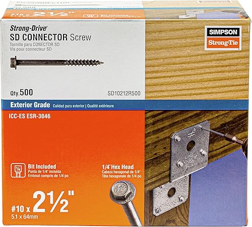 Simpson Strong-Tie SD10212R500 - Tornillos de conector SD de accionamiento fuerte #10 x 2-1/2 pulgadas, cabeza hexagonal de 1/4 pulgadas,