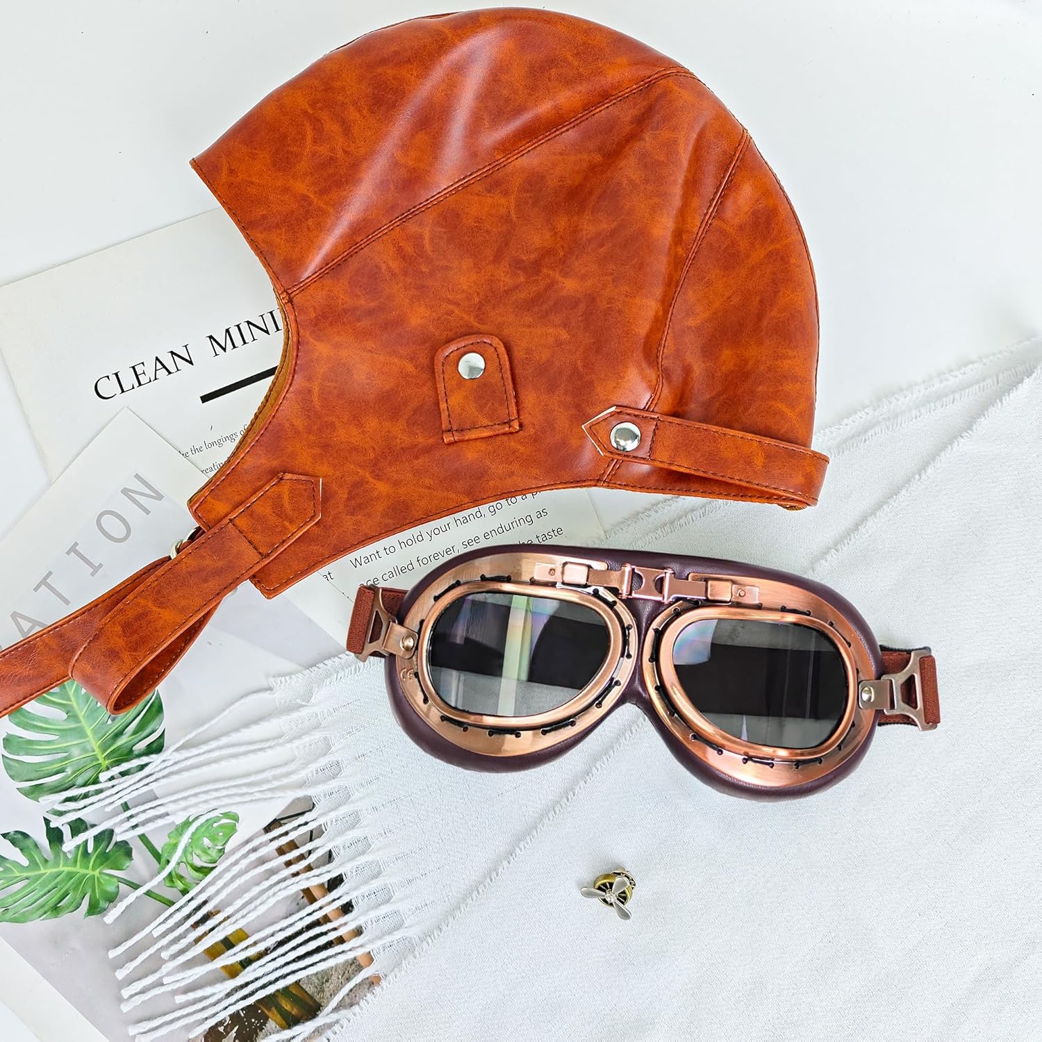 4 PCS Aviator Costume Accessories, Aviator Hat With Goggles Pilot Cap White Scarf Brooch for Men Women - Image 4