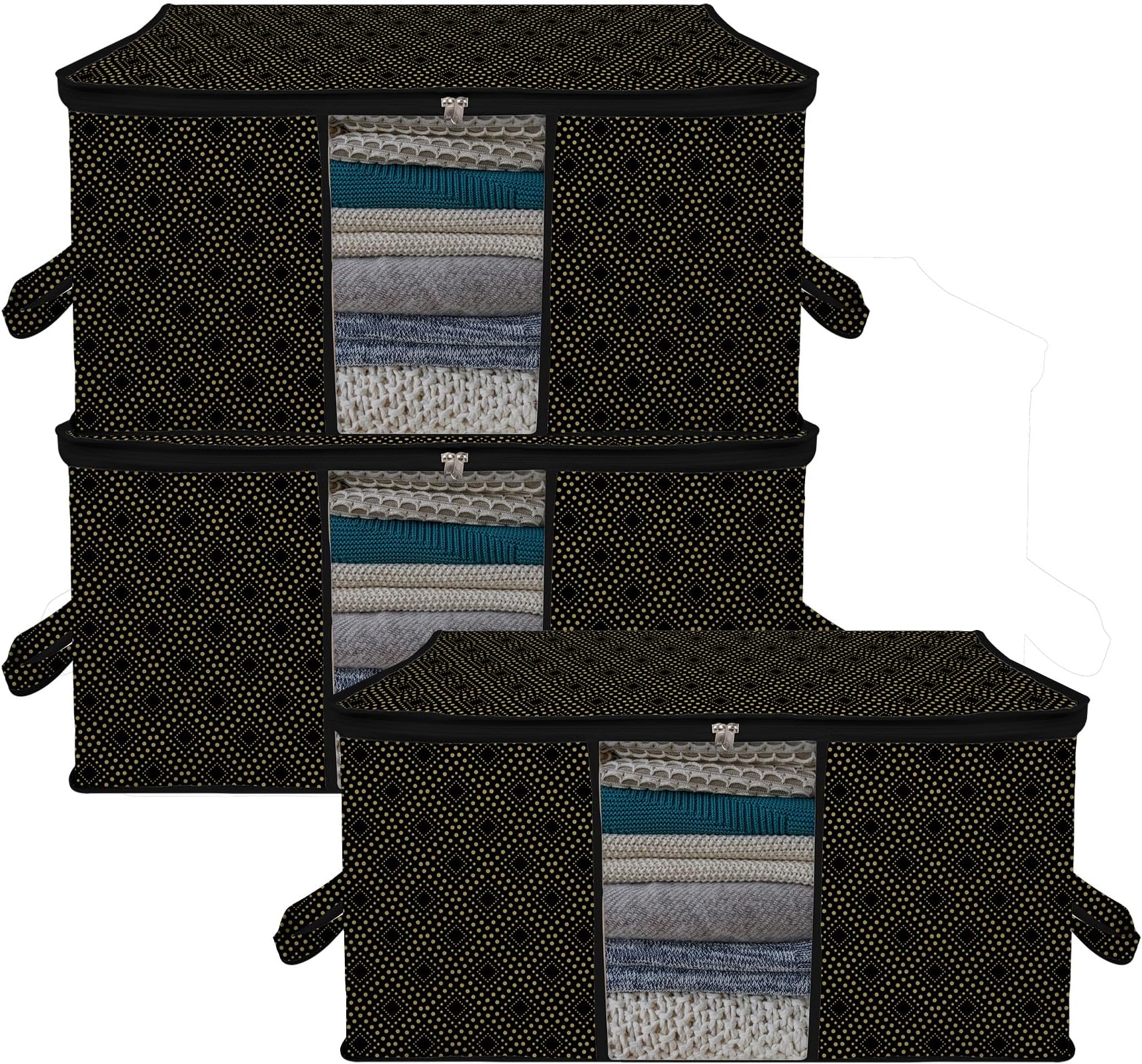 Kuber Industries Underbed Storage Bag | Clothes Storage Organizer | Clear Window Blanket Cover | Cloth Organizer with Handle | Golden Dot-Design | Large | Pack of 3 | Black