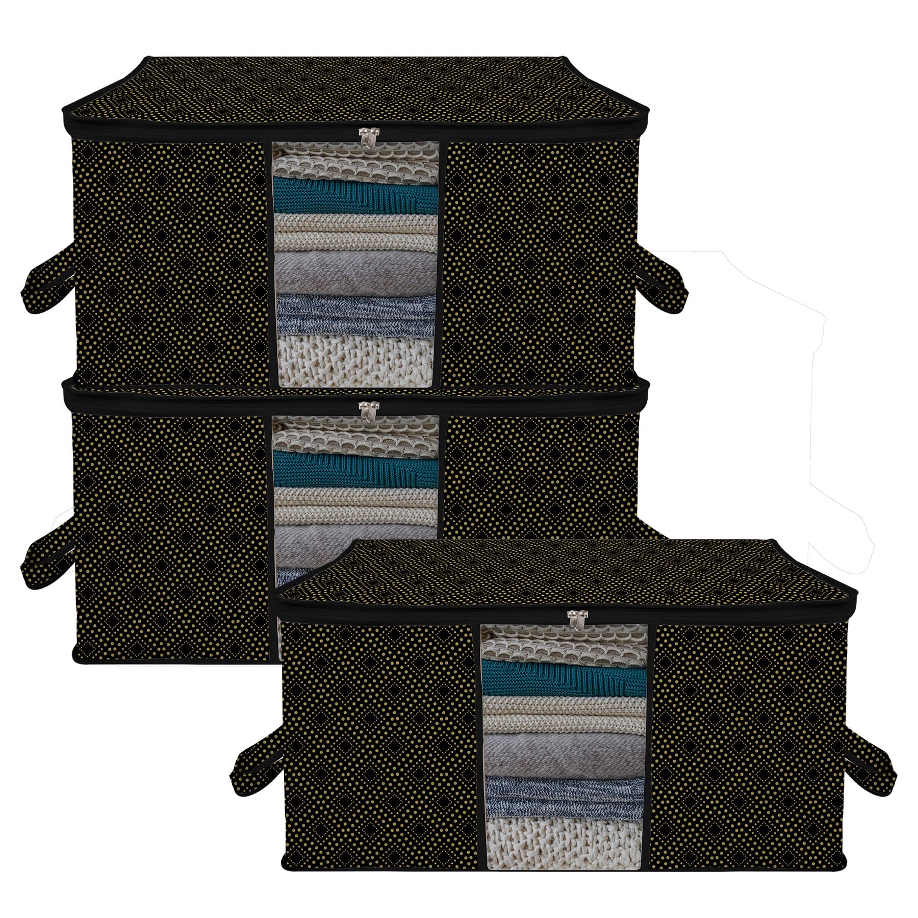 Kuber Industries Underbed Storage Bag | Clothes Storage Organizer | Clear Window Blanket Cover | Cloth Organizer with Handle | Golden Dot-Design | Large | Pack of 3 | Black