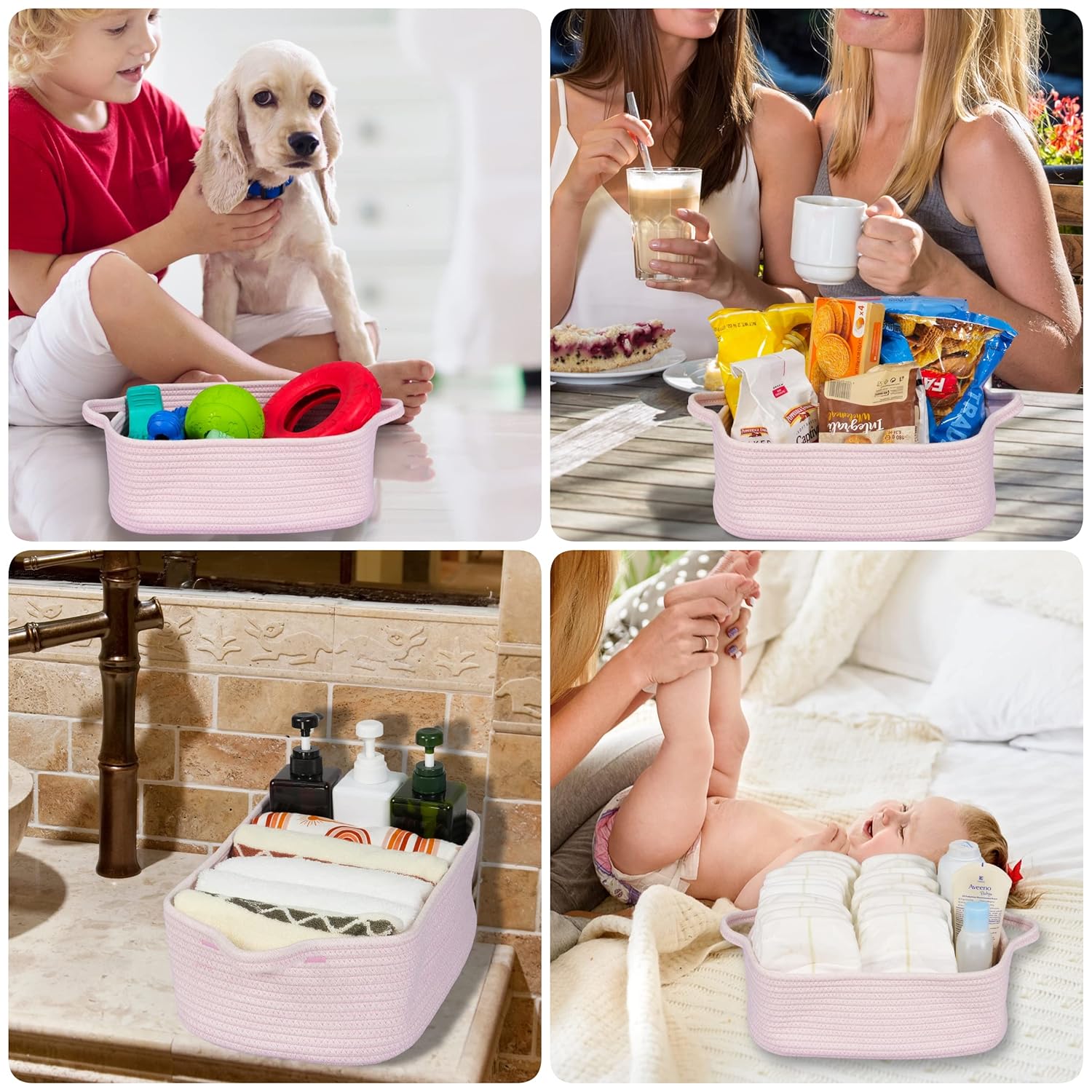 Woven Cotton Rope Storage Basket with Handles for Organizing Shelves Closet Small Cat Dog Pet Toy Baskets Box Bin Decorative Rectangle Baby Nursery basket Gift Basket Empty Light pink - Image 6