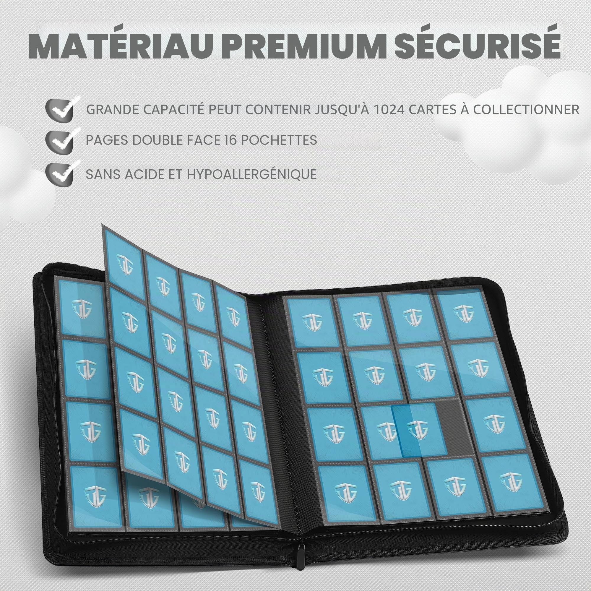 TCGUARD Album de Cartes à Collectionner à 16 Compartiments avec Fermeture Éclair pour Plus de 1000 Cartes, Grand Classeur, Poches de Chargement Latérales Sécurisées, Compatible avec MTG, Noir