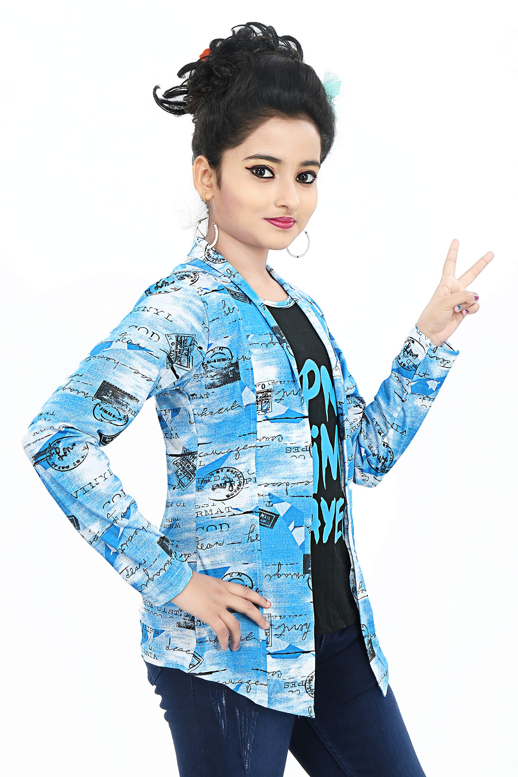 SDS Fashion Girl's Full Sleeve Cotton Black apna time aayega Printed T-Shirt with Blue Printed Jacket Shrug (7-9 Years) 1