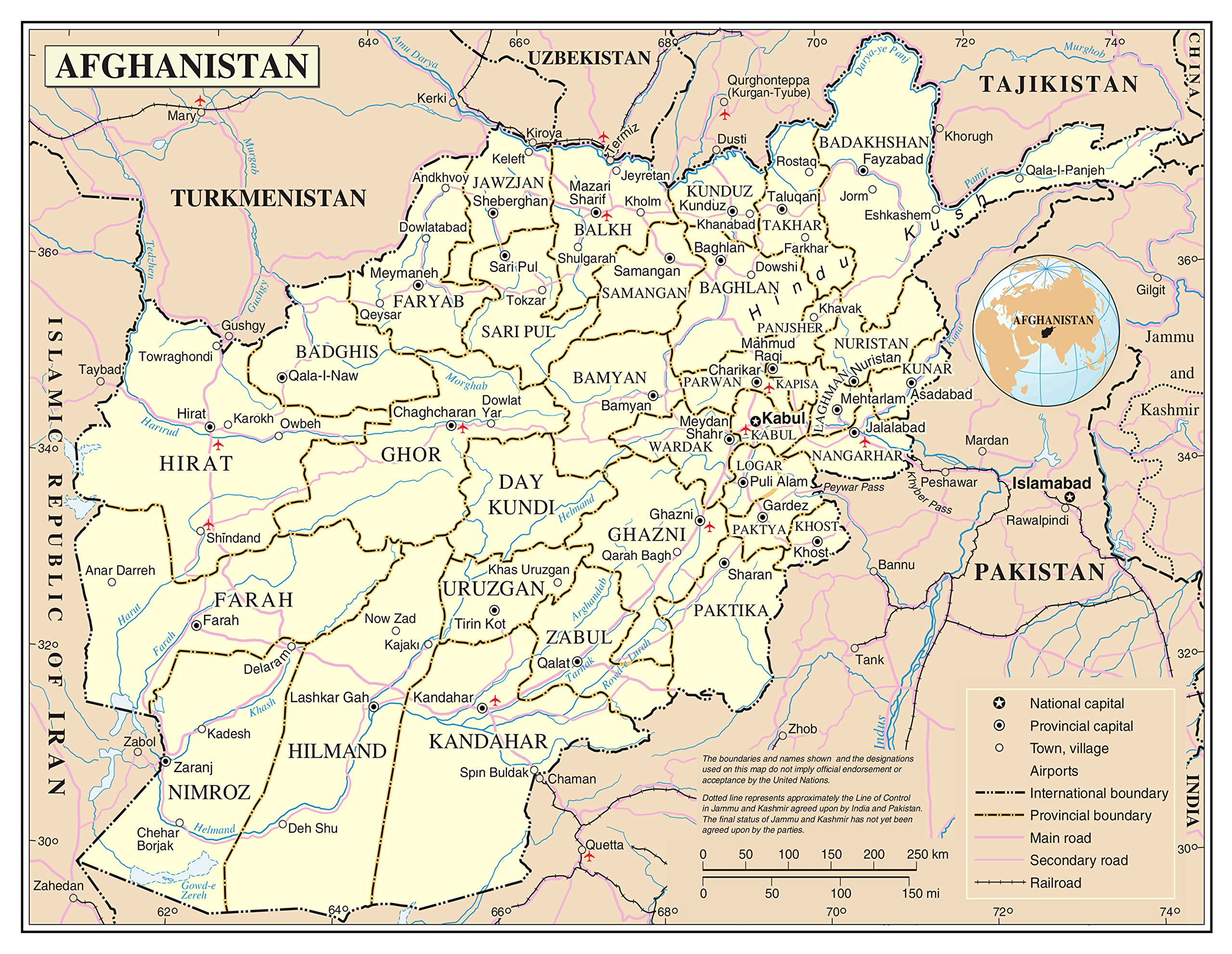 Palmetto Posters 24x31 Laminated Poster: Large detailed political and administrative map of afghanistan with roads cities and airports