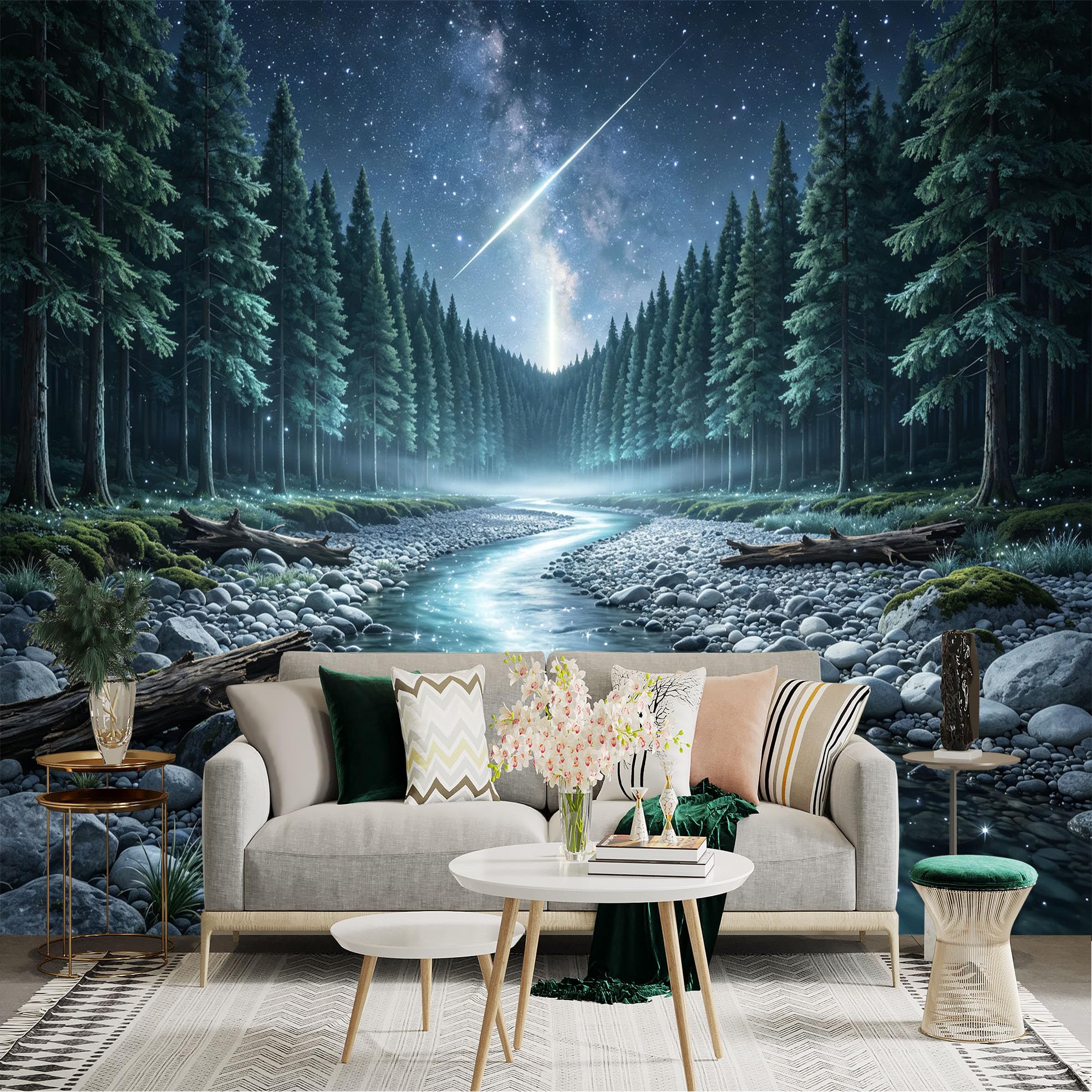 Lnzczhyre Bh260719247 Custom Size Wall Sticker Mural， Enchanted Forest Stream， Glowing Milky Way Galaxy， Cosmic Night Scenery， For Wall Decoration， Peelandstick Wall Decals.