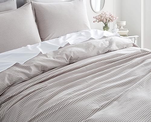 Get Bed Ready Juego de funda de edredón de algodón lavado a rayas de cambray, relajado, minimalista, estilo escandinavo, teñido de hilo natural,