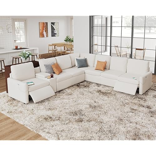AMERLIFE Dual Power Recliner, Reclining Sectional Couch with Console, 7 Seats L Shaped Anti-Scratch Leathaire Modular Couch with Cup Holder& USB Port, White