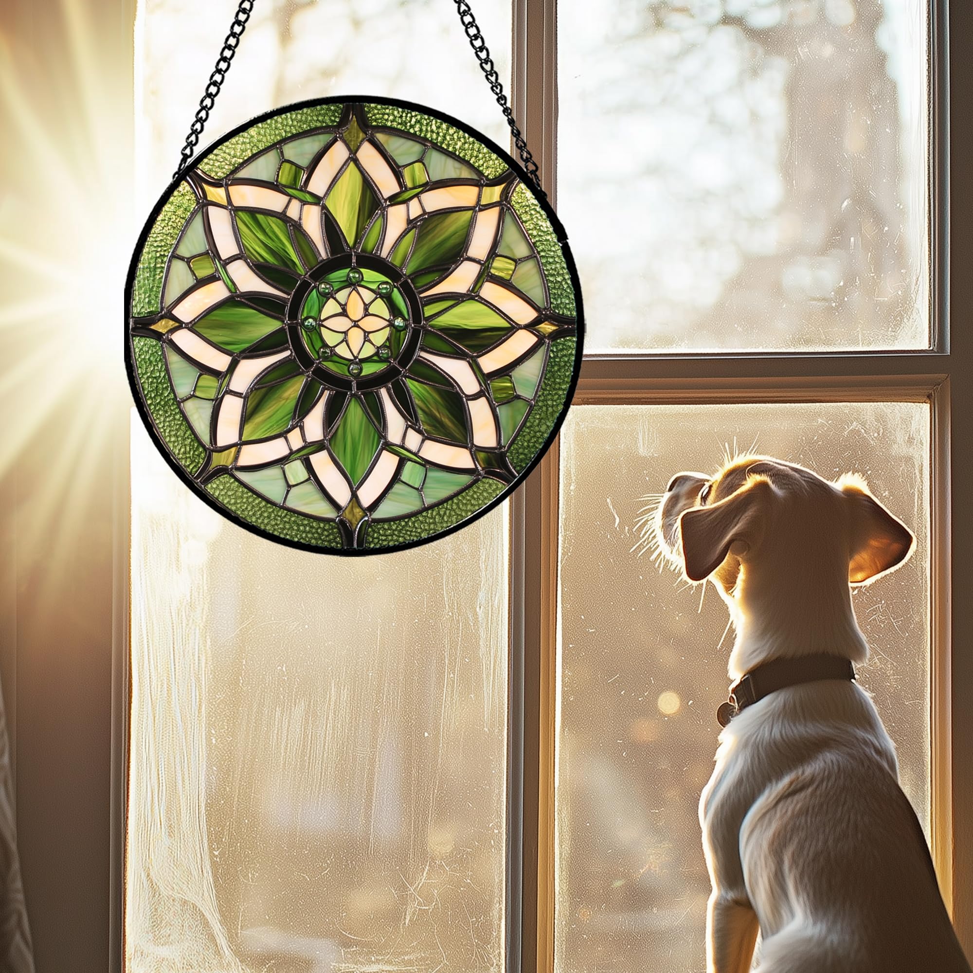 Buntglas-Fensteraufhängung – weiß-grüne Boho-Blume, Sonnenfänger für Türen, Fenster, Zuhause, Sonnenfänger, Dekoration, Weihnachten, Muttertag, Geburtstag, Geschenke für Lehrer, Frauen, Männer