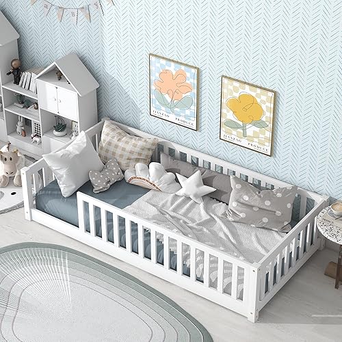 Miniatura 88 de Harper & Bright Designs Cama de suelo tamaño Queen con valla y puerta, marco de cama Montessori de madera para niños, niñas, listones incluidos, no