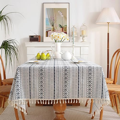 Mantel bohemio de lino y algodón boheniano blanco y azul con borlas para mesas rectangulares, arpillera a rayas, cubierta de mesa de granja,