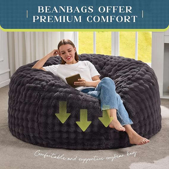 Hobestluk Adults Bean Bag Chair 5FT Big BeanBag Chair Giant Large Oversized | Memory Foam,Washable Cover,Unique Fluffy Bubble,Comfy BeanBag with Filling Lounging Gaming Bedroom LivingRoom | Dark Grey 5FT