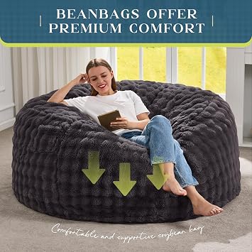 Hobestluk Adults Bean Bag Chair 5FT Big BeanBag Chair Giant Large Oversized | Memory Foam,Washable Cover,Unique Fluffy Bubble,Comfy BeanBag with Filling Lounging Gaming Bedroom LivingRoom | Dark Grey 5FT