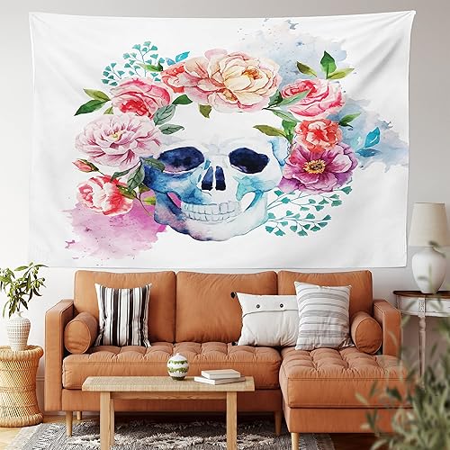 Ambesonne Tapiz de calavera, calavera divertida con cabeza floral colorida, estilo victoriano, estampado gráfico de esqueleto muerto, colgante de
